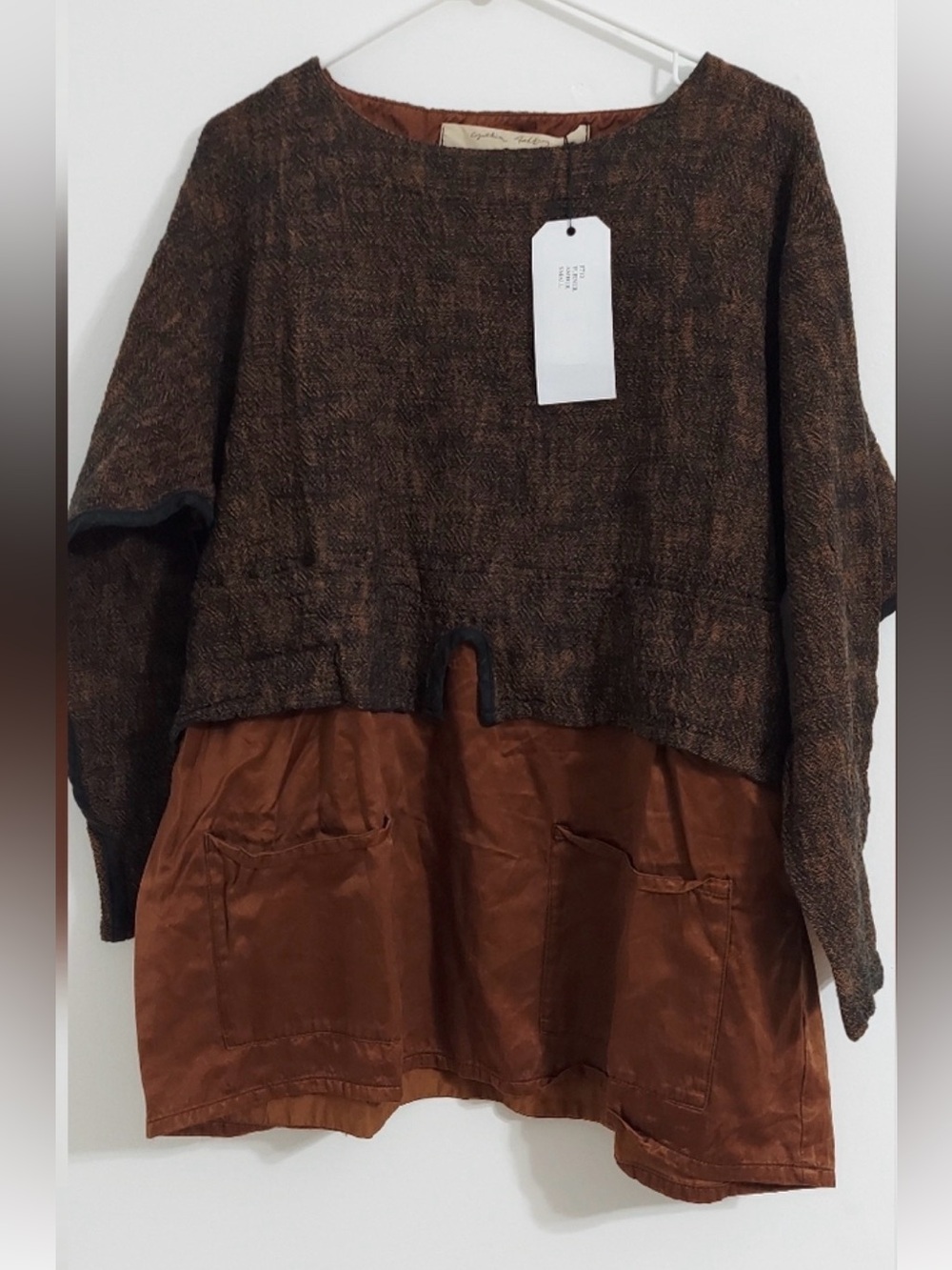Womens Gorgeous Lagenlook Fall Rust Brown  Amber Layered Tweed & Satin Tunic
